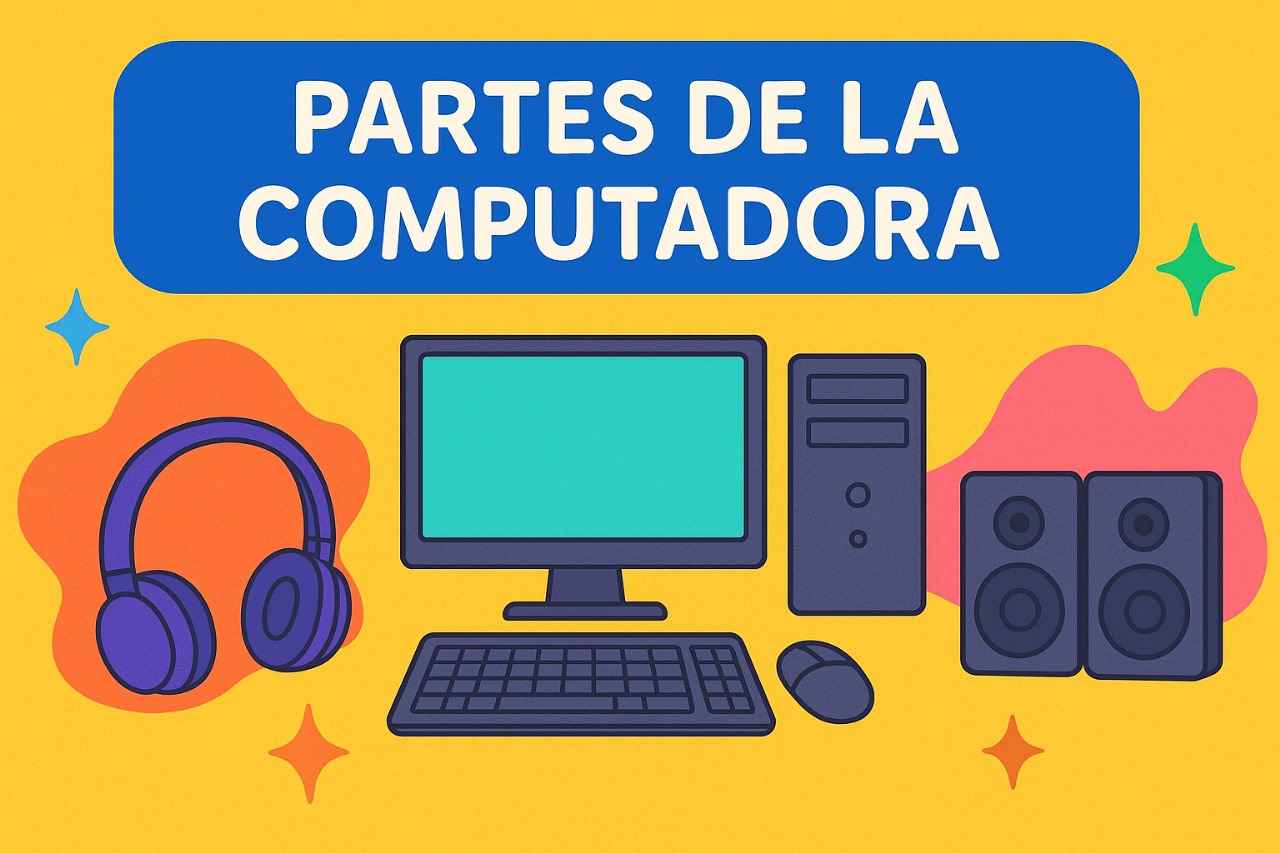 es una ilustración colorida y animada, con un fondo amarillo brillante. El tema principal, 'PARTES DE LA COMPUTADORA', se muestra en un gran recuadro azul en la parte superior.